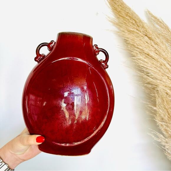 VINTAGE Rich Red Burgundy Ceramic Circular Vase Decor Mid Century Modern Retro - Picture 3 of 9